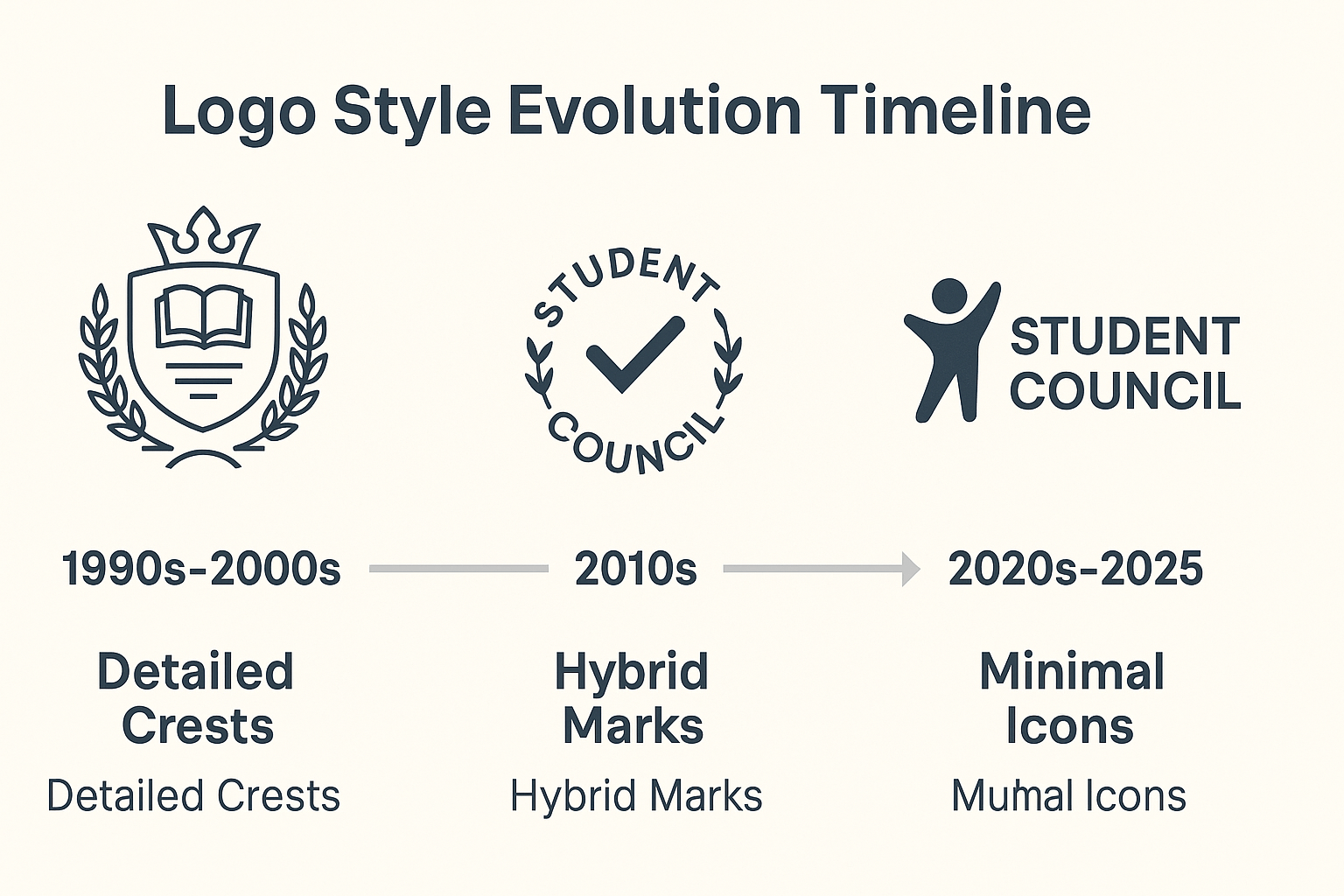 Timeline showing student council logo styles evolving from ornate crests (2010) to minimalist icons (2025).